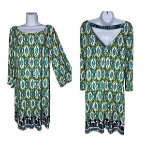 Laundry By Shelli Segal Green Boho Geometric Midi Shift Dress 3/4 Sleeve L